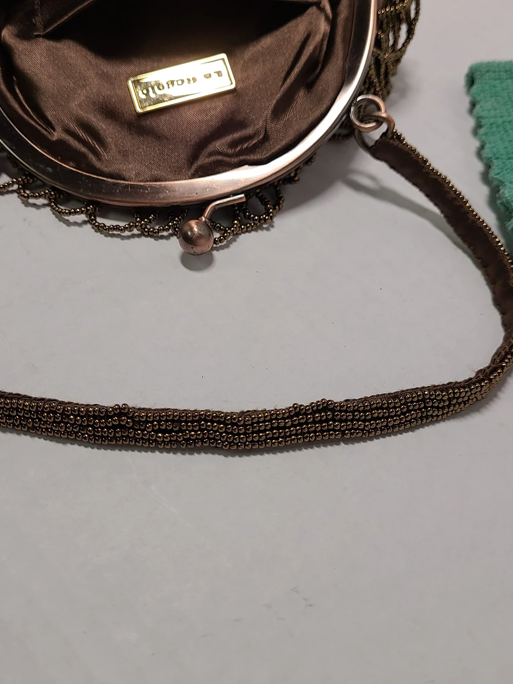 Vintage La Regale Bronze Copper Beaded Evening Bag Clasp Clutch Purse